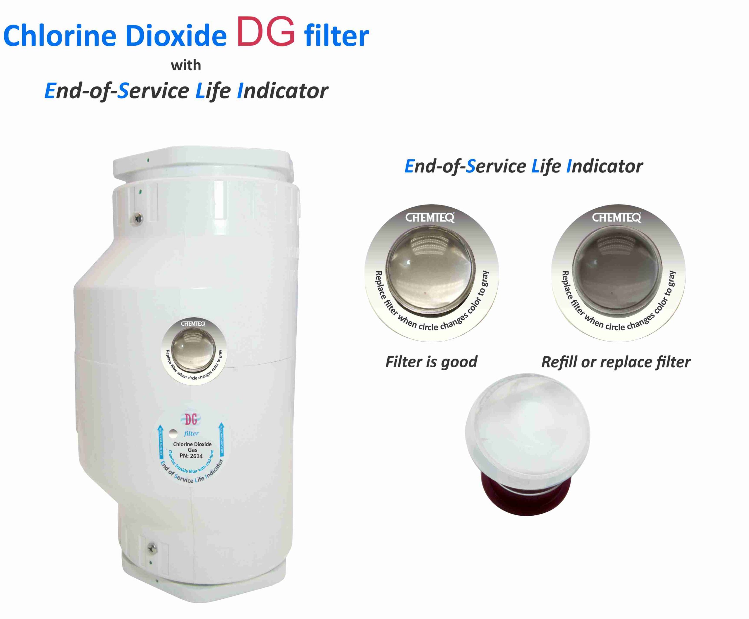 Chlorine Dioxide DG FILTER-ESLI-2614. Filter with end of service life indicator for chemical processes and reactor vents.