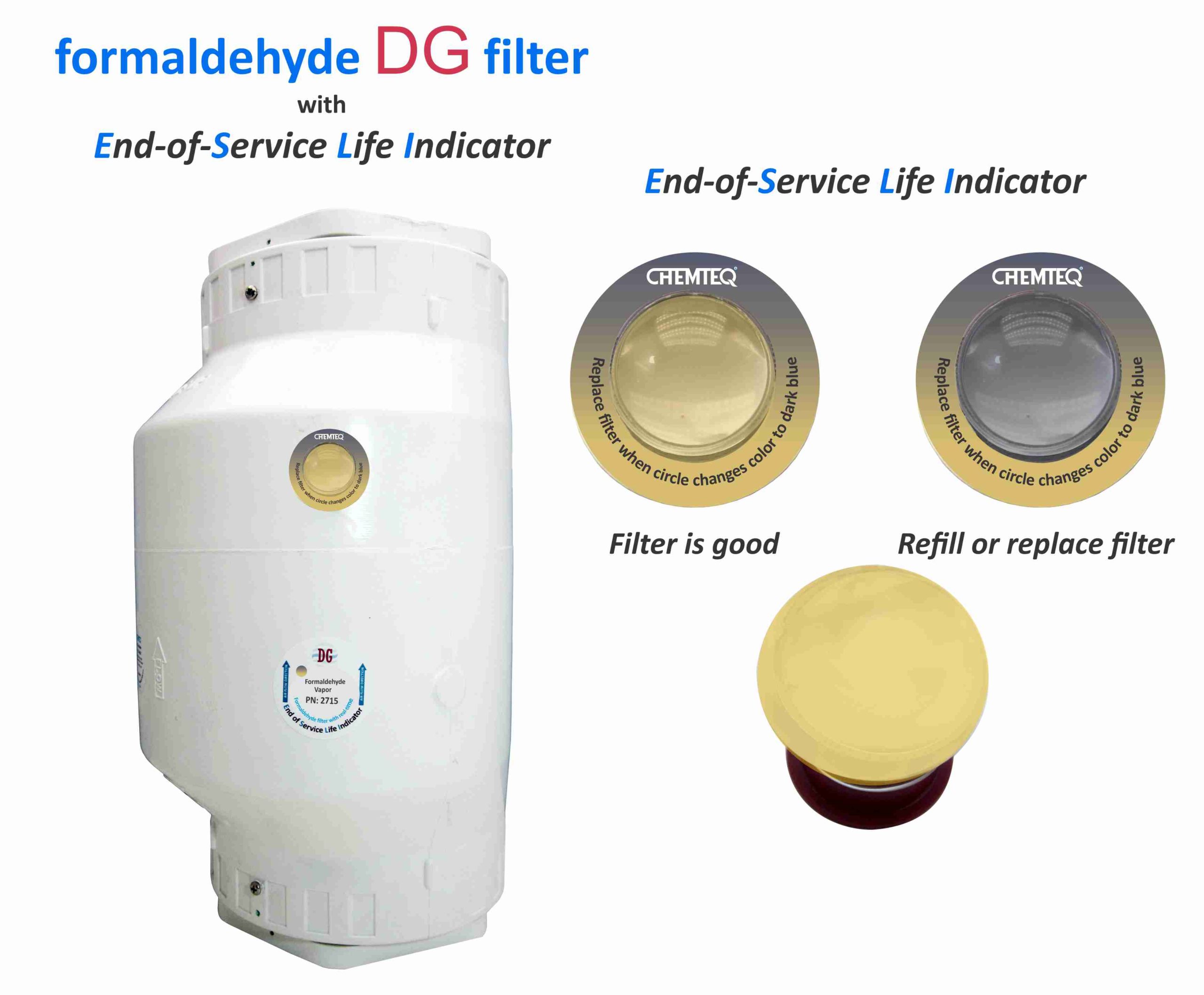 Formaldehyde DG FILTER-ESLI 2715. Formaldehyde filter with end-of-service life indicator suitable for chemical processes and reactor vents.