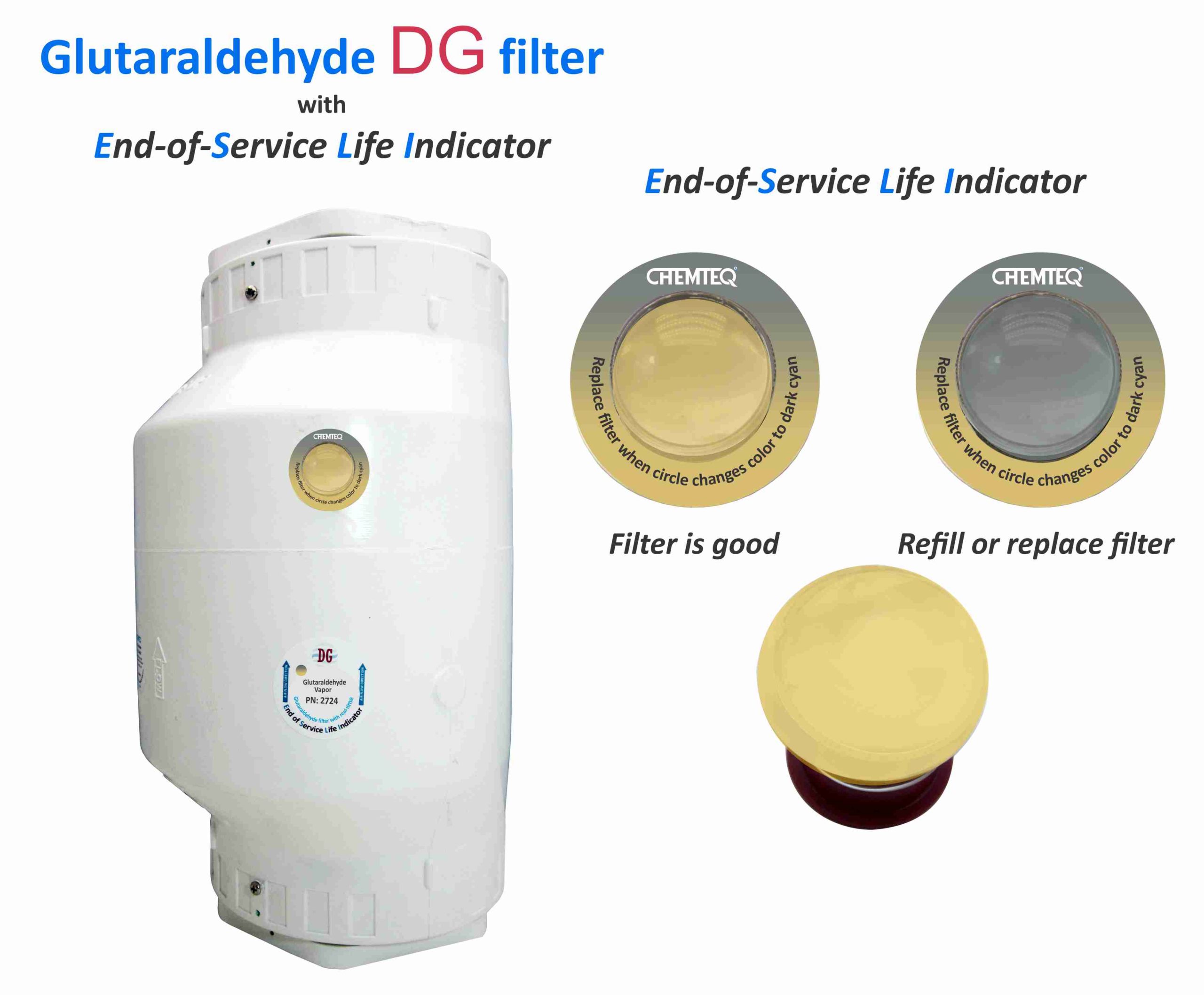 Glutaraldehyde DG FILTER-ESLI 2724. Glutaraldehyde filter with end-of-service life indicator suitable for chemical processes and reactor vents.
