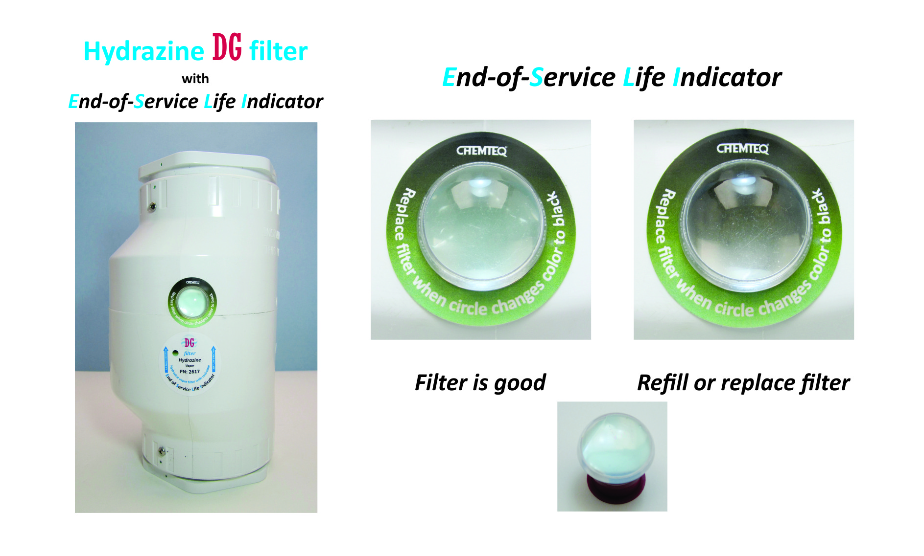 Hydrazine DG FILTER-ESLI-2617. Filter with end of service life indicator for chemical processes and reactor vents.